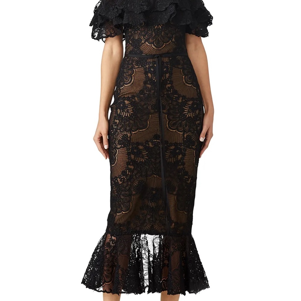 Marchesa Black and Tan Off-Shoulder Sheath Midi Dress